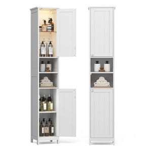 Two tall white storage cabinets, each with a combination of closed compartments and open shelves, storing bottles, towels, and small items.