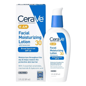 CeraVe AM Facial Moisturizing Lotion with SPF 30, developed with dermatologists, includes ceramides, niacinamide, and hyaluronic acid, and is oil-free. It provides daily moisture and sun protection while helping restore the skin barrier. 3 fl oz (89 ml).