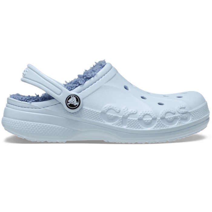 Light blue Crocs clog with a cozy fur lining and an adjustable heel strap, featuring ventilation holes and a side logo.