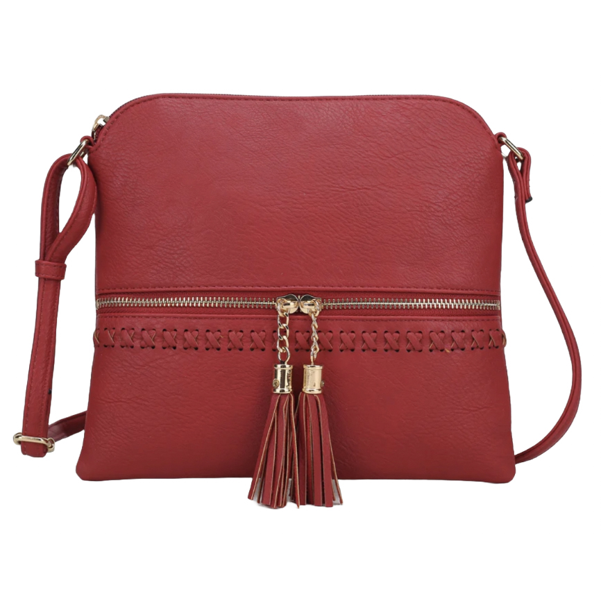 A red MKF crossbody bag with gold-tone zippers and tassel accents, featuring a slim, rectangular shape and an adjustable shoulder strap.