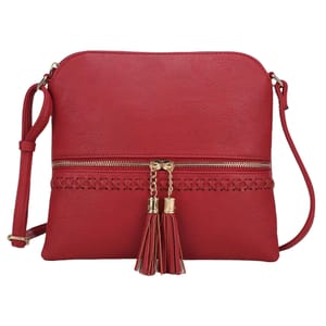 A red MKF crossbody bag with gold-tone zippers and tassel accents, featuring a slim, rectangular shape and an adjustable shoulder strap.