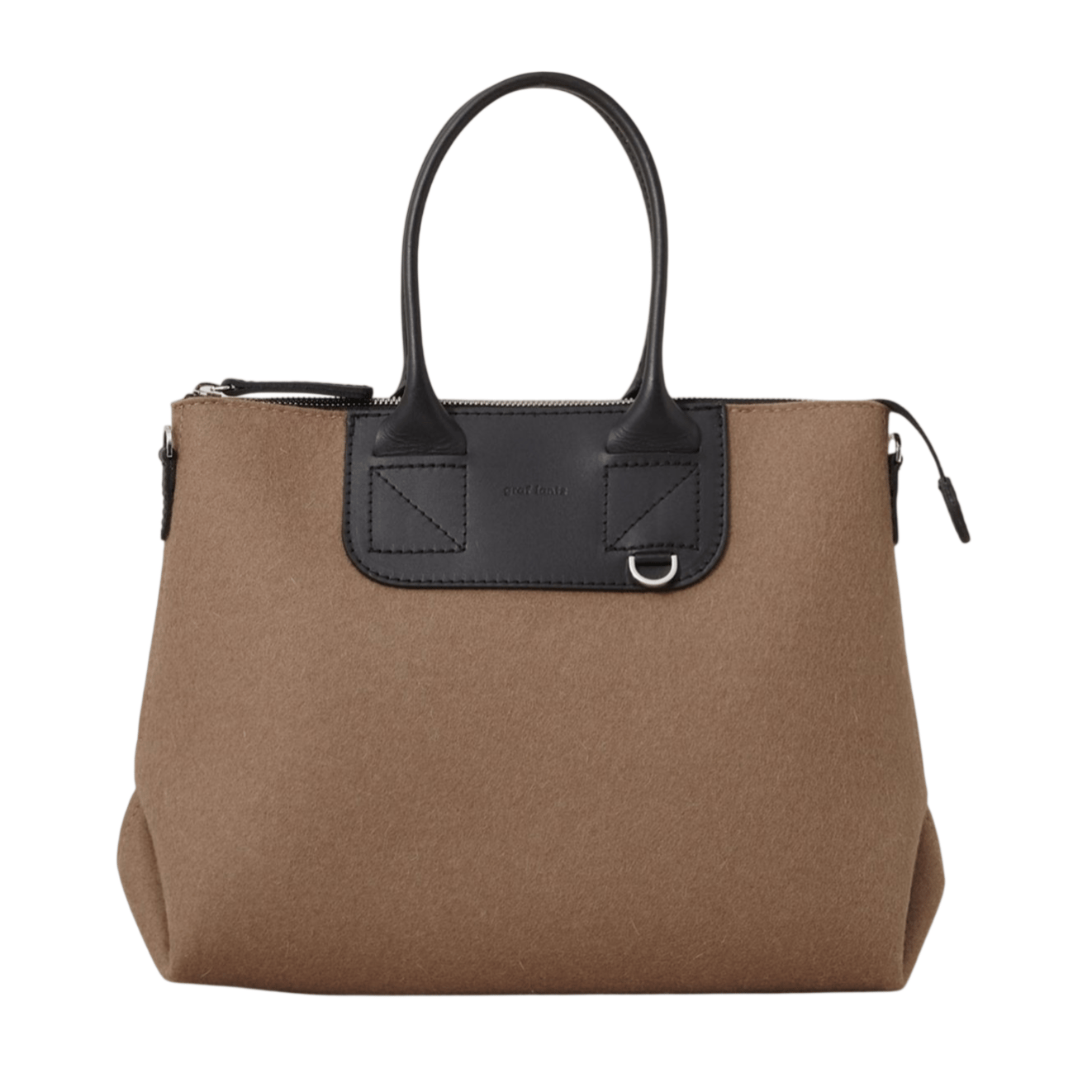 A brown tote bag with black leather handles and trim, featuring a zipper closure and a small decorative D-ring on the front.