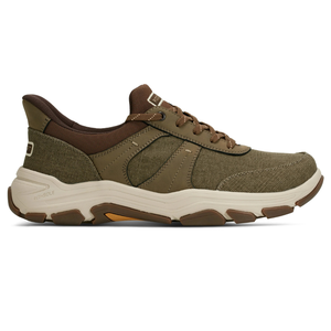 Olive green athletic shoe with a textured fabric upper, brown accents, white midsole, and rugged outsole, featuring laces and supportive stitching details.