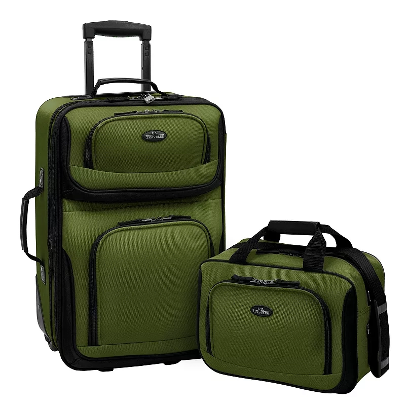 A two-piece luggage set consisting of a large upright wheeled suitcase and a smaller carry-on tote, both in a matching olive green color with black trim.