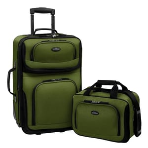 A two-piece luggage set consisting of a large upright wheeled suitcase and a smaller carry-on tote, both in a matching olive green color with black trim.