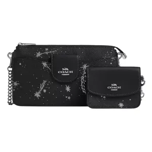 Black Coach wristlet and cardholder set with chain straps, featuring a silver star pattern and logo detailing on the front.