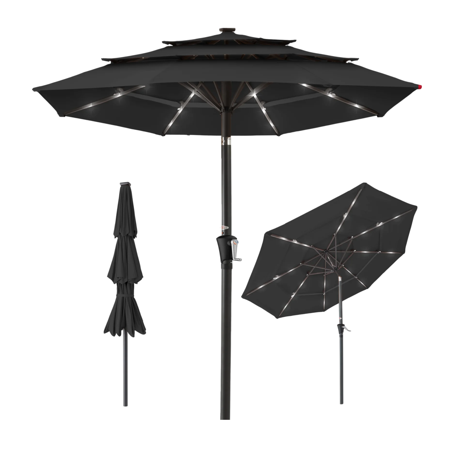 Black patio umbrella with built-in LED lights, featuring a crank handle for easy opening and tilting adjustment.