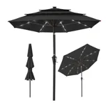 Black patio umbrella with built-in LED lights, featuring a crank handle for easy opening and tilting adjustment.