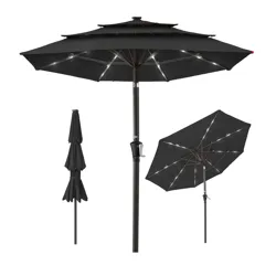 Black patio umbrella with built-in LED lights, featuring a crank handle for easy opening and tilting adjustment.