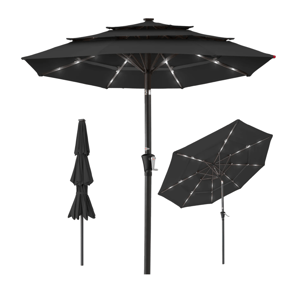 Black patio umbrella with built-in LED lights, featuring a crank handle for easy opening and tilting adjustment.