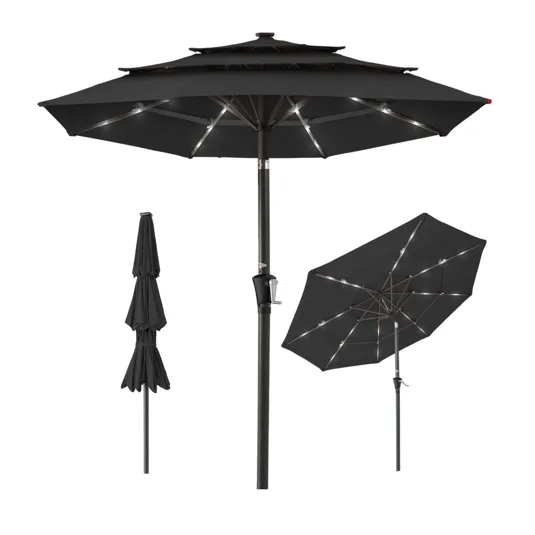 Black patio umbrella with built-in LED lights, featuring a crank handle for easy opening and tilting adjustment.