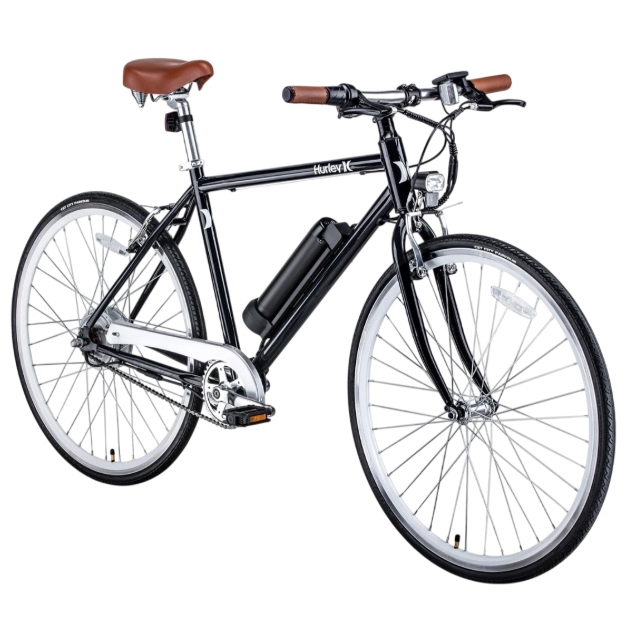 Black Hurley commuter bike with brown seat and grips, featuring a cylindrical battery on the frame, thin tires, and a single gear drivetrain.
