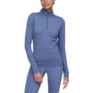 A long-sleeve, blue quarter-zip jersey t-shirt with a fitted design and high collar, paired with matching leggings.