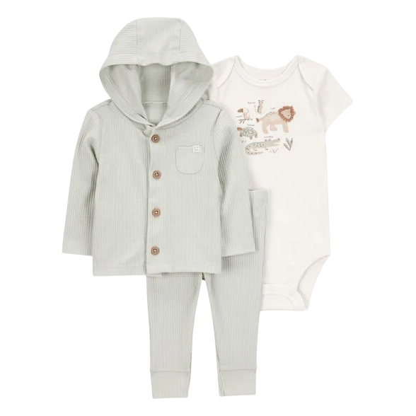 A light gray ribbed baby hoodie, matching pants, and a white short-sleeve bodysuit featuring animal graphics.