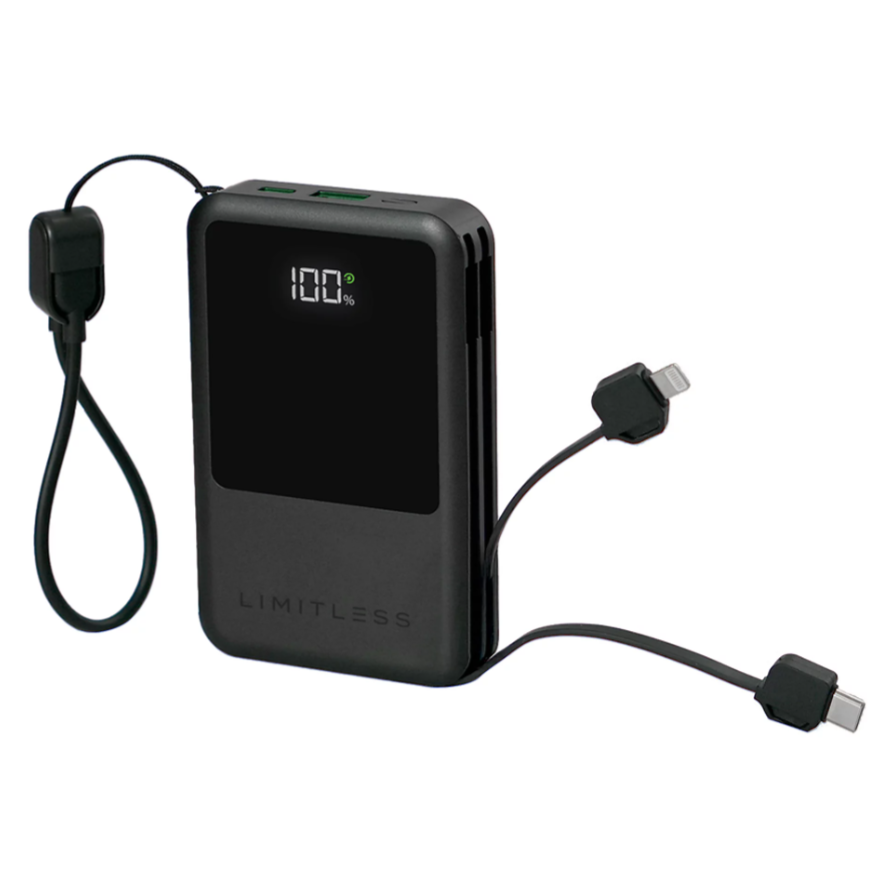 A black portable power bank with a digital display showing 100% charge, featuring built-in cables for charging devices with USB-C and Lightning connectors.