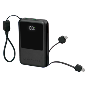 A black portable power bank with a digital display showing 100% charge, featuring built-in cables for charging devices with USB-C and Lightning connectors.