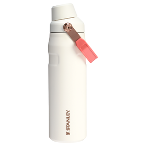 The Stanley 24oz Iceflow Bottle is a white, insulated water bottle with a pink flip straw lid and a copper-colored handle attachment. It features the Stanley logo on its side.