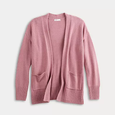 A pink, open-front, long-sleeve cardigan with ribbed cuffs and two front pockets.