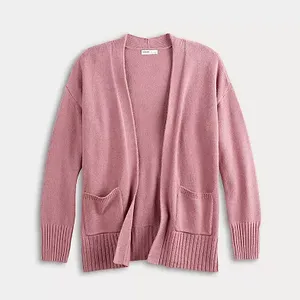 A pink, open-front, long-sleeve cardigan with ribbed cuffs and two front pockets.
