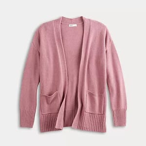 A pink, open-front, long-sleeve cardigan with ribbed cuffs and two front pockets.