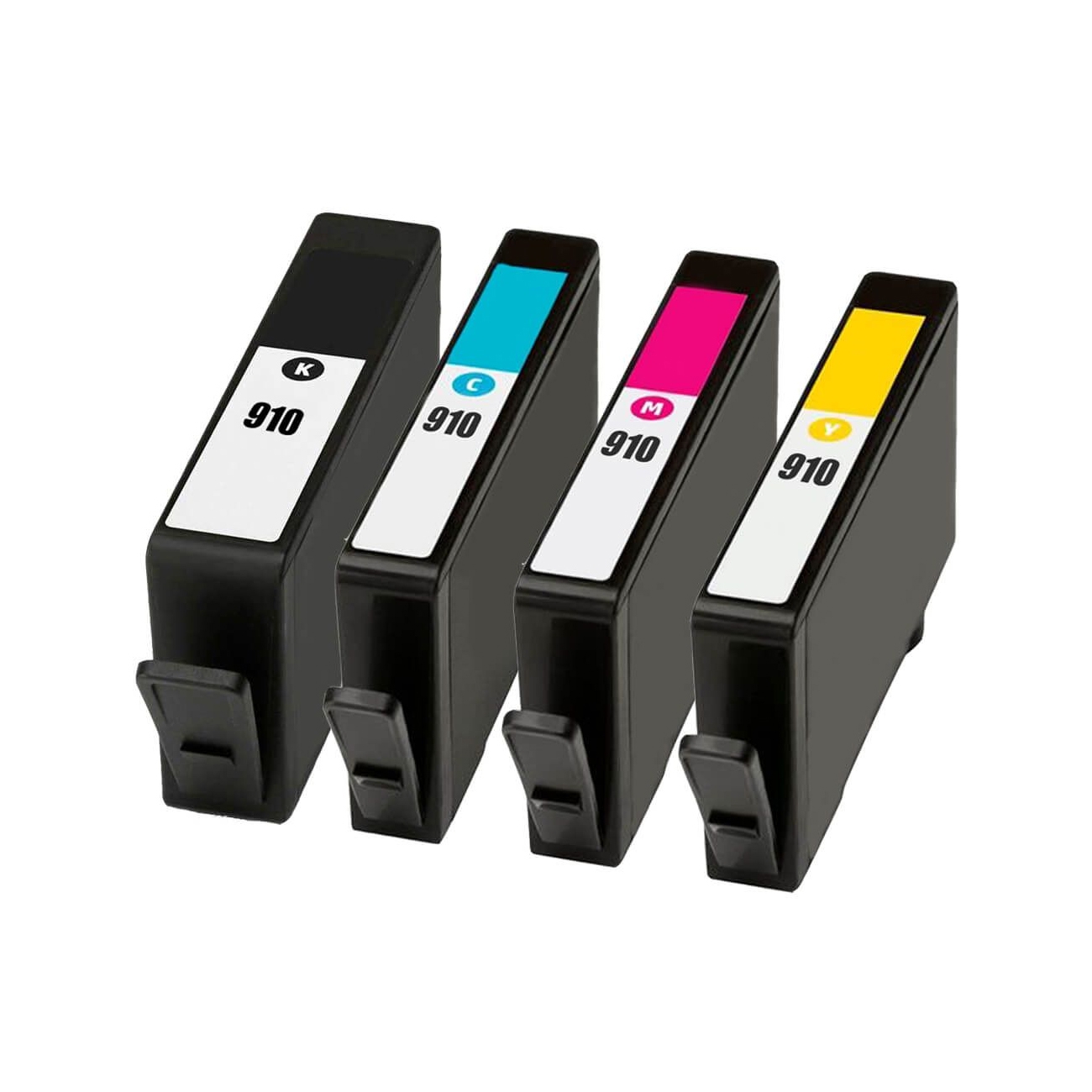 Four HP 910 ink cartridges in black, cyan, magenta, and yellow are shown. Each cartridge is labeled with its respective color and a number \“910.\“