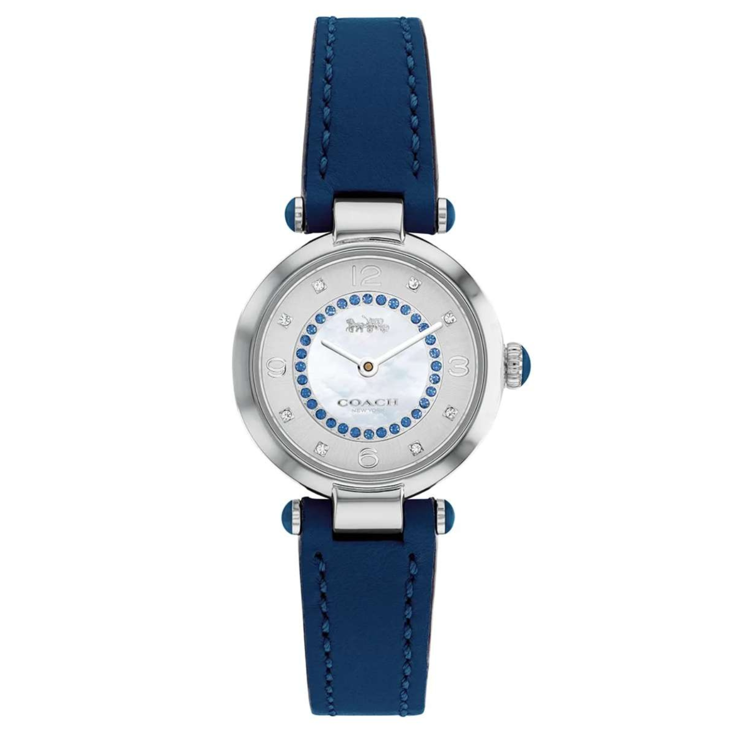 A Coach watch with a blue leather strap, featuring a silver-tone case, a white dial accented with blue stones and crystal markers, and silver hands.