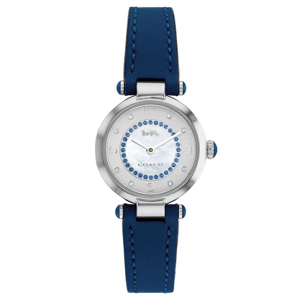 A Coach watch with a blue leather strap, featuring a silver-tone case, a white dial accented with blue stones and crystal markers, and silver hands.