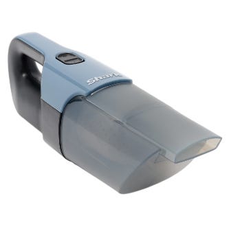 A handheld vacuum cleaner by Shark with a sleek, streamlined design featuring a blue and gray color scheme.