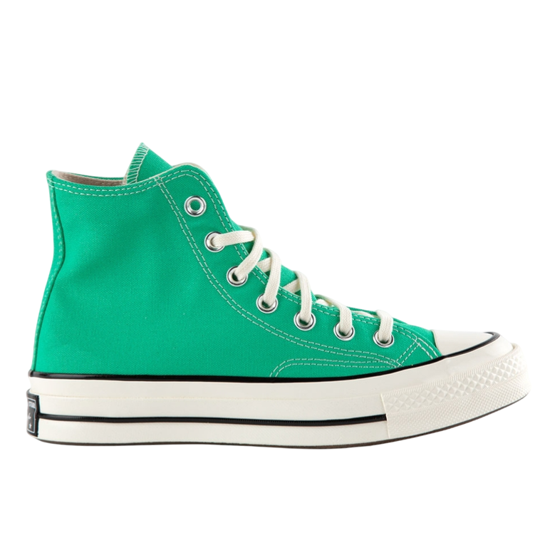 A green high-top canvas sneaker with white laces and a rubber sole featuring a black stripe around the midsole.