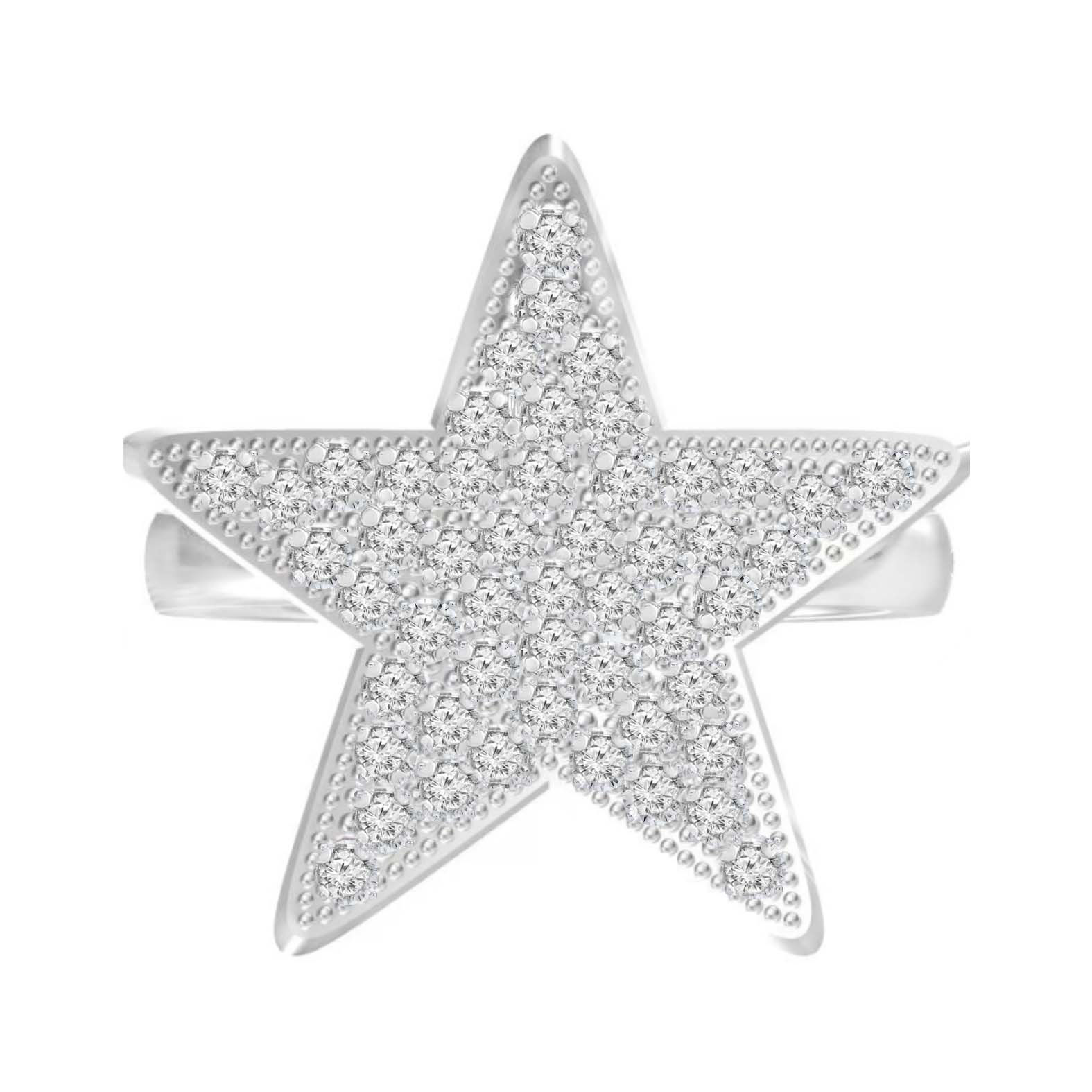 Silver star-shaped ring encrusted with small sparkling stones.