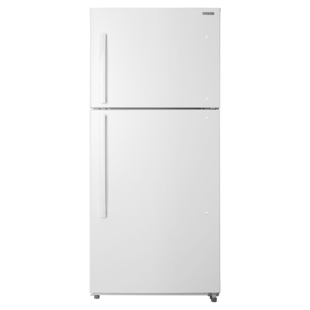 White top-freezer refrigerator with two doors.