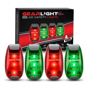 4-pack of GearLight S1 LED safety lights featuring red and green lights, suitable for biking and outdoor visibility. The set is lightweight, drop-resistant, and includes batteries.