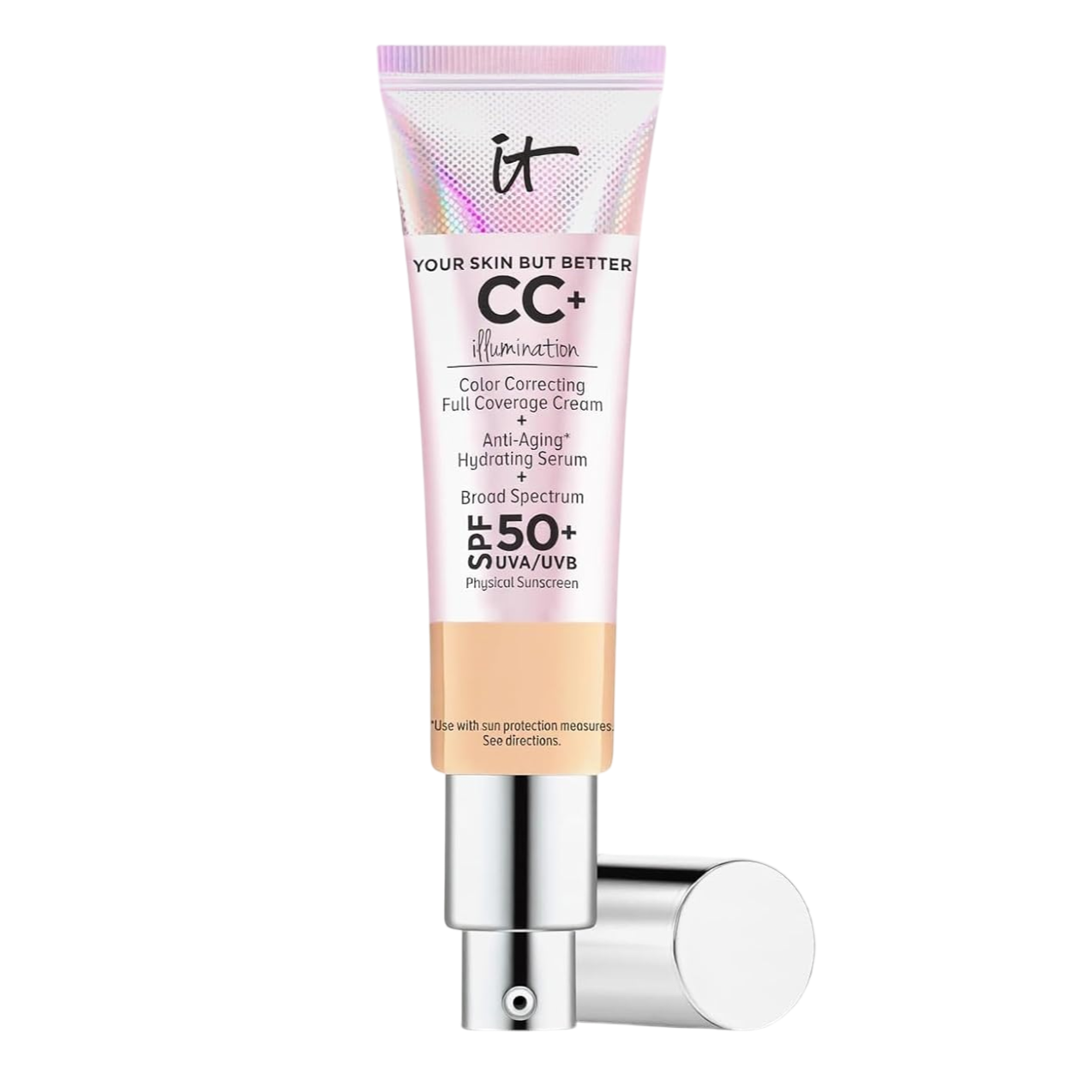 It Cosmetics Your Skin But Better CC+ Cream Illumination, a color-correcting full-coverage cream with anti-aging hydrating serum and SPF 50+ UVA/UVB physical sunscreen.