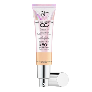 It Cosmetics Your Skin But Better CC+ Cream Illumination, a color-correcting full-coverage cream with anti-aging hydrating serum and SPF 50+ UVA/UVB physical sunscreen.