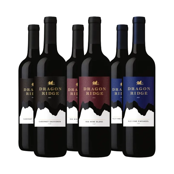 Five bottles of Dragon Ridge wine, each with a different label color indicating the variety, such as Cabernet Sauvignon and Old Vine Zinfandel.