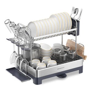 A two-tier stainless steel dish drying rack with slots for plates, holders for utensils, and sections for cups and cutting boards.