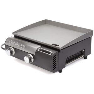 The Cuisinart Gas Griddle is a compact, tabletop griddle with two control knobs for adjustable heat settings, featuring a flat stainless steel cooking surface ideal for outdoor grilling.
