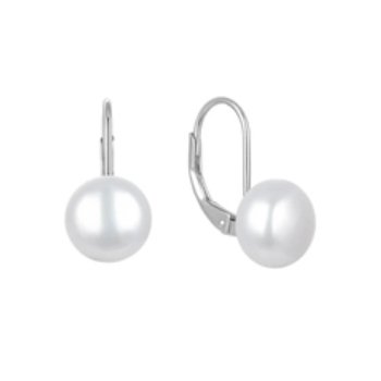 Elegant freshwater pearl earrings feature round white pearls with lever-back closures, set in a silver-tone design.