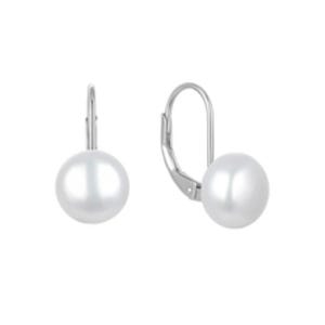 Elegant freshwater pearl earrings feature round white pearls with lever-back closures, set in a silver-tone design.