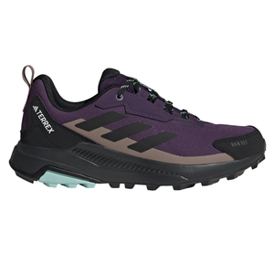 Purple Adidas Terrex trail running shoe with black accents, featuring three stripes and a rugged sole for outdoor use.