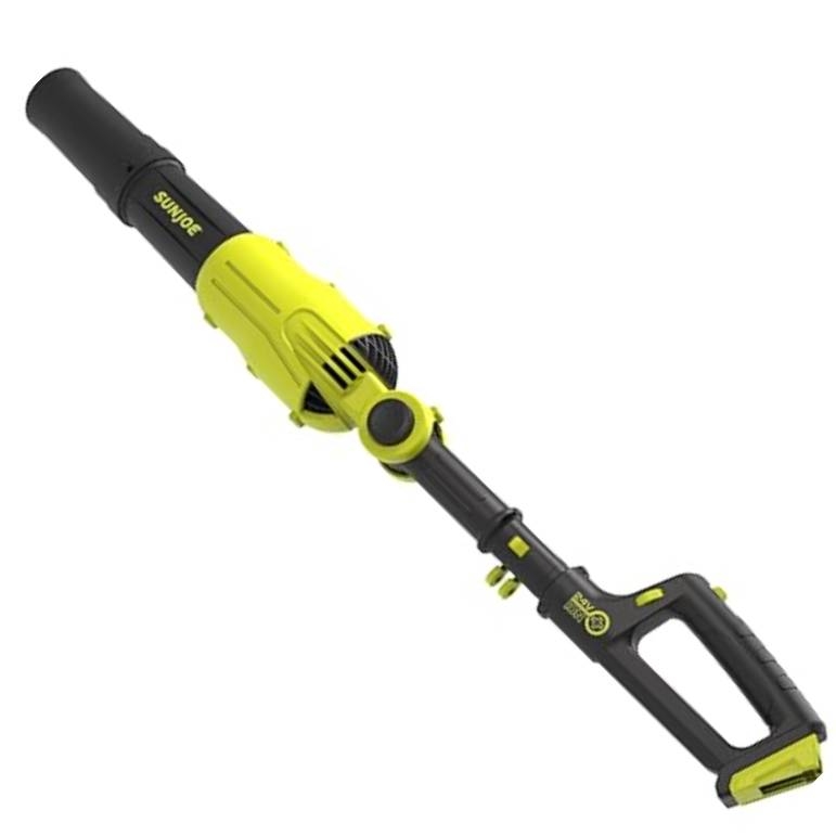 This is a yellow and black Sun Joe Pole Blower with an extendable reach and an ergonomic handle for easy operation. It's designed for blowing leaves and debris with adjustable height.