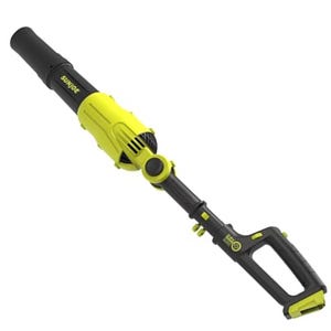 This is a yellow and black Sun Joe Pole Blower with an extendable reach and an ergonomic handle for easy operation. It's designed for blowing leaves and debris with adjustable height.