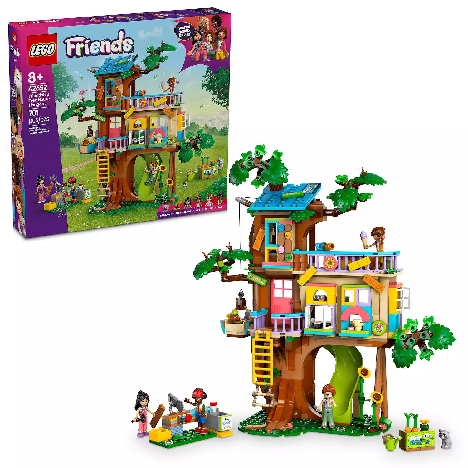 LEGO Friends Friendship Tree House Hangout set, recommended for ages 8+, includes 701 pieces featuring a colorful treehouse with mini-figures and accessories for imaginative play.