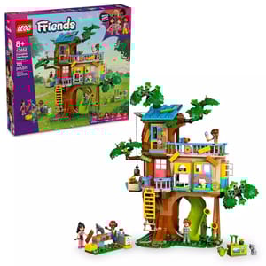 LEGO Friends Friendship Tree House Hangout set, recommended for ages 8+, includes 701 pieces featuring a colorful treehouse with mini-figures and accessories for imaginative play.