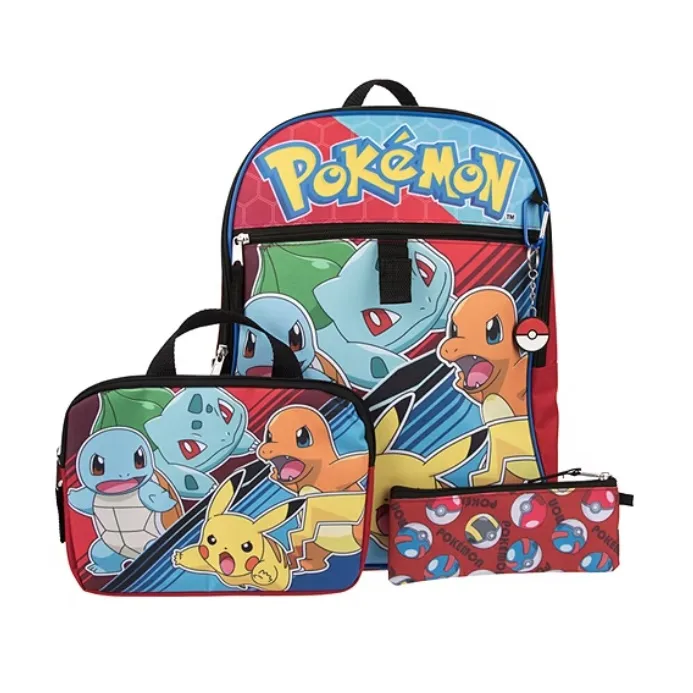 A 5pc Pokémon Backpack Set featuring a backpack, lunch bag, and pencil case, all decorated with Pikachu, Bulbasaur, Charmander, and Squirtle graphics on a colorful background with \“Pokémon\“ text.