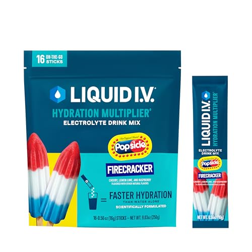 A 16-pack of Liquid I.V. Hydration Multiplier electrolyte drink mix in Firecracker flavor, presented with a Popsicle branding and an individual stick shown beside the box.