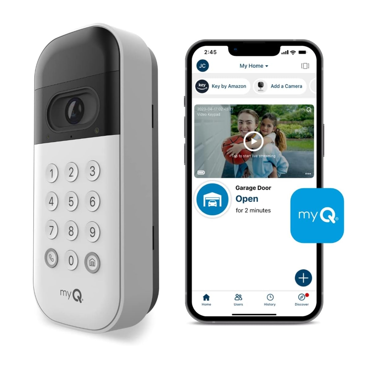 Smart doorbell with a numerical keypad and a smartphone displaying an associated app interface for home security monitoring.