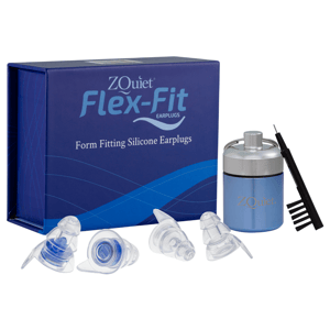 ZQuiet Flex-Fit Earplugs, form-fitting silicone earplugs, come with a carrying case and a cleaning brush.