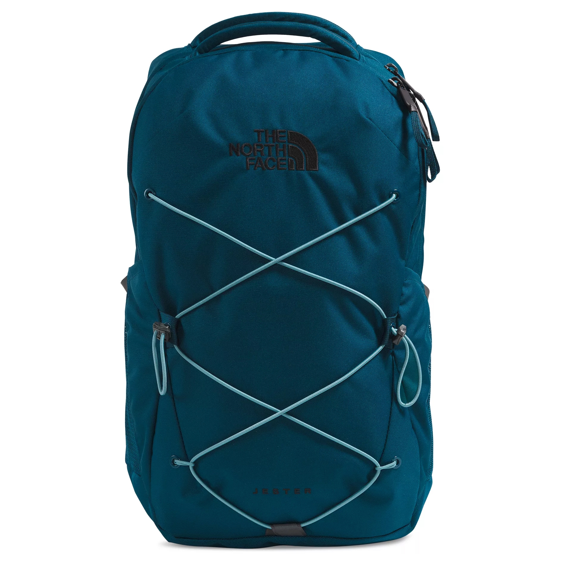 Teal backpack from The North Face, featuring elastic bungee cords on the front and a \“Jester\“ label at the bottom.