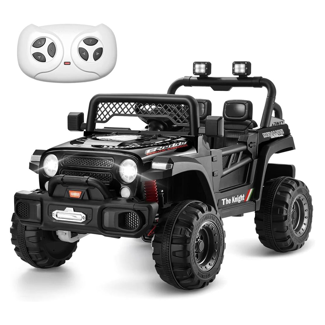 A black toy ride-on car with a remote control.